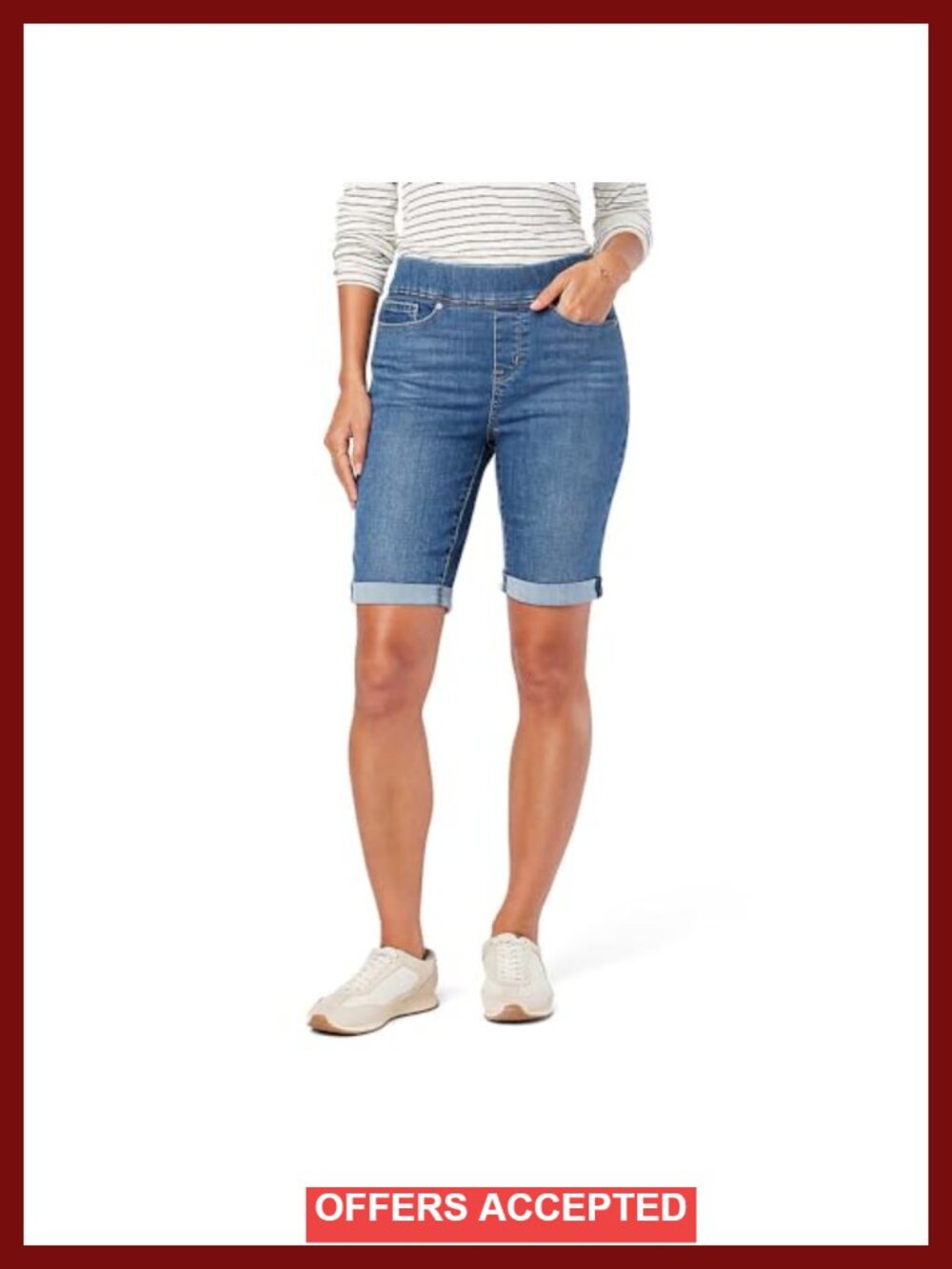 Mid Rise Stretch Denim Bermuda Shorts Pull On